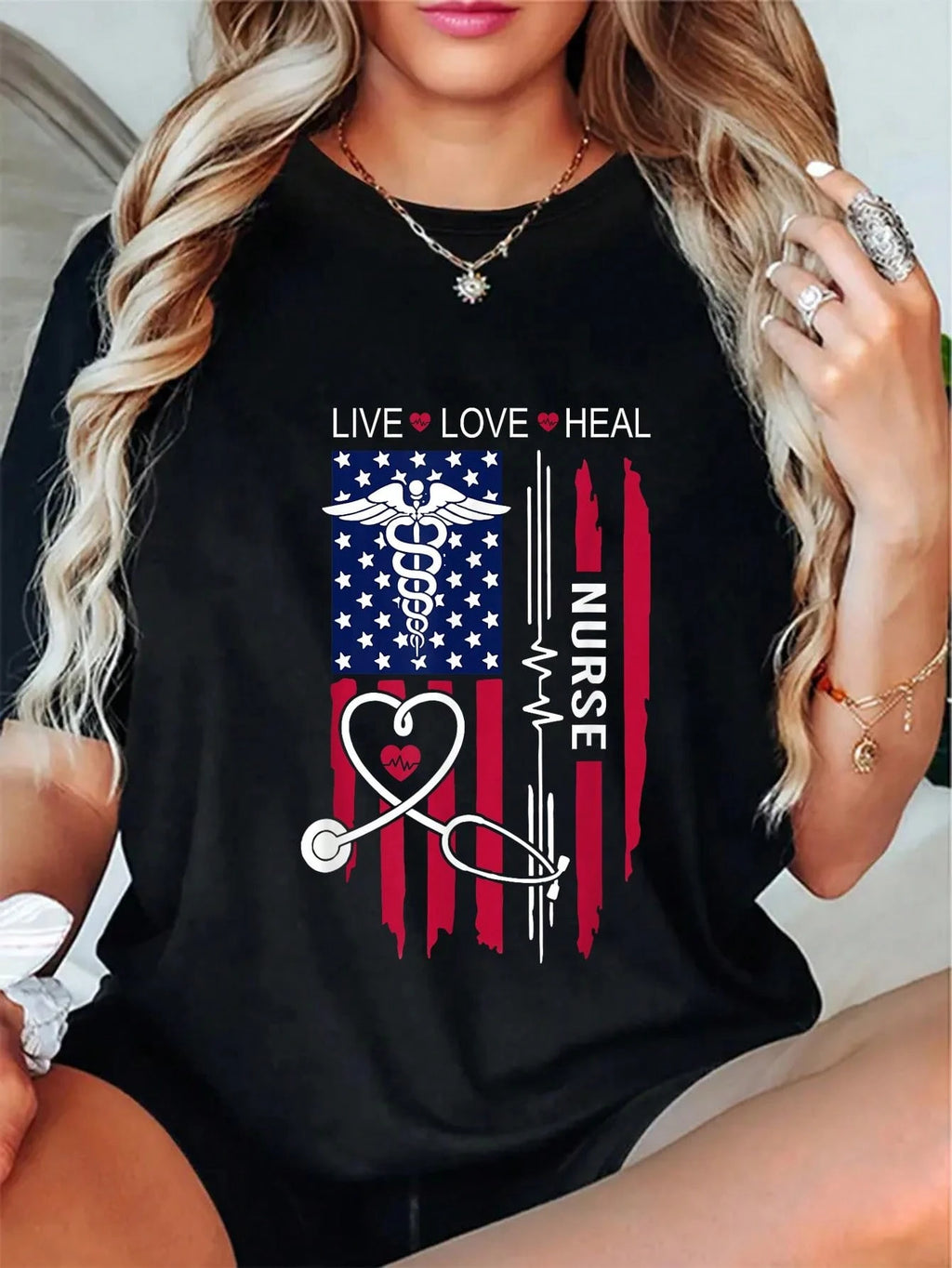 Premium soft cotton tee with US flag graphic, ideal meaningful Nurse Week & Nurse's Day gift, comfy daily wear for medical workers