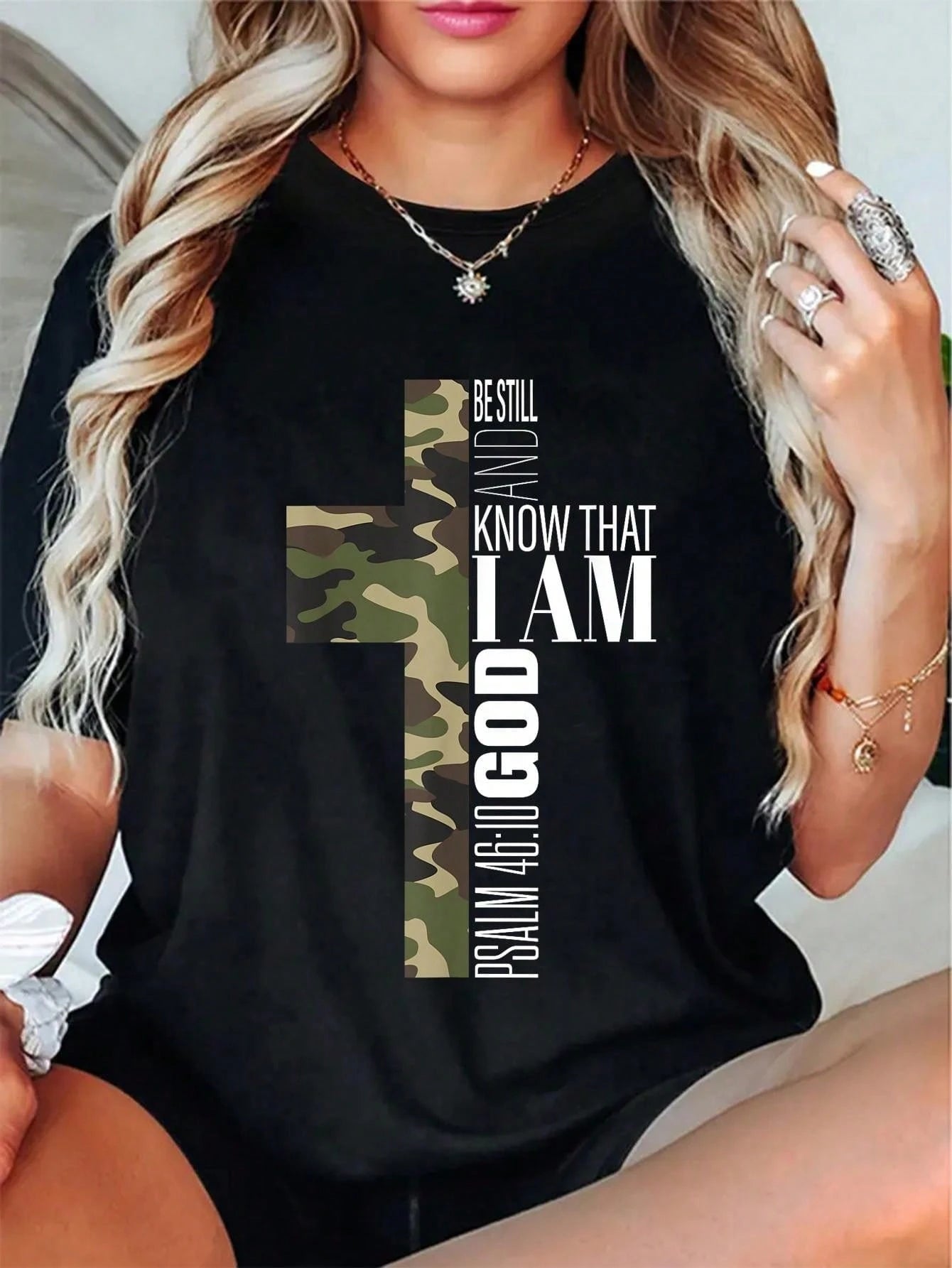 Be Still And Know God Tee - Green Camo Cross Design, 100% Cotton Short Sleeve Casual Daily Wear