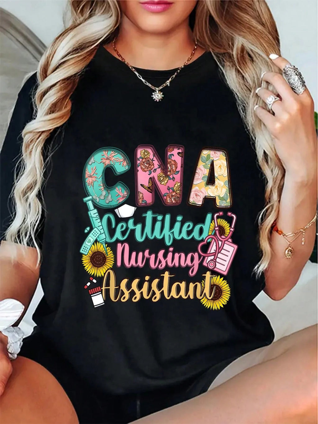 Breathable 100% Cotton Black Tee, CNA Certified Nursing Assistant Print Comfort Work Casual Top