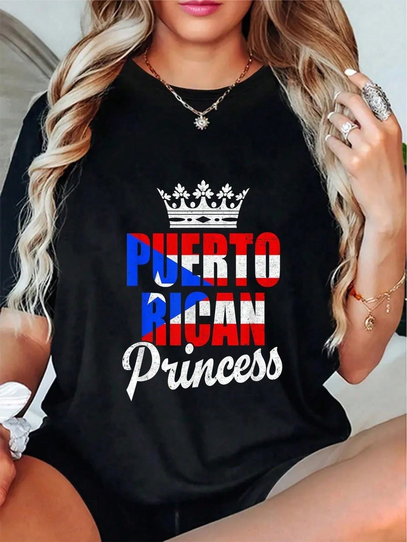 Soft pure cotton women’s tee with fun Puerto Rico pride print, lightweight relaxed fit, perfect daily outfit for Puerto Rican girls and ladies