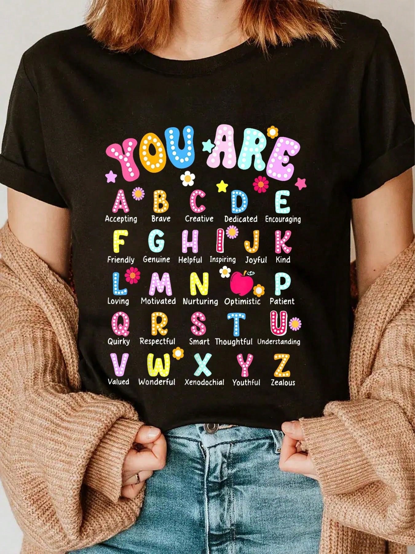 100% Cotton ABC Alphabet Graphic T-Shirt You Are Letter Print Back To School Casual Teacher Student Tee