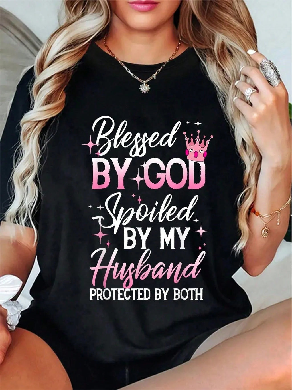 Funny Quote Tee - Spoiled & Protected Design, 100% Cotton Short Sleeve Casual Women Top