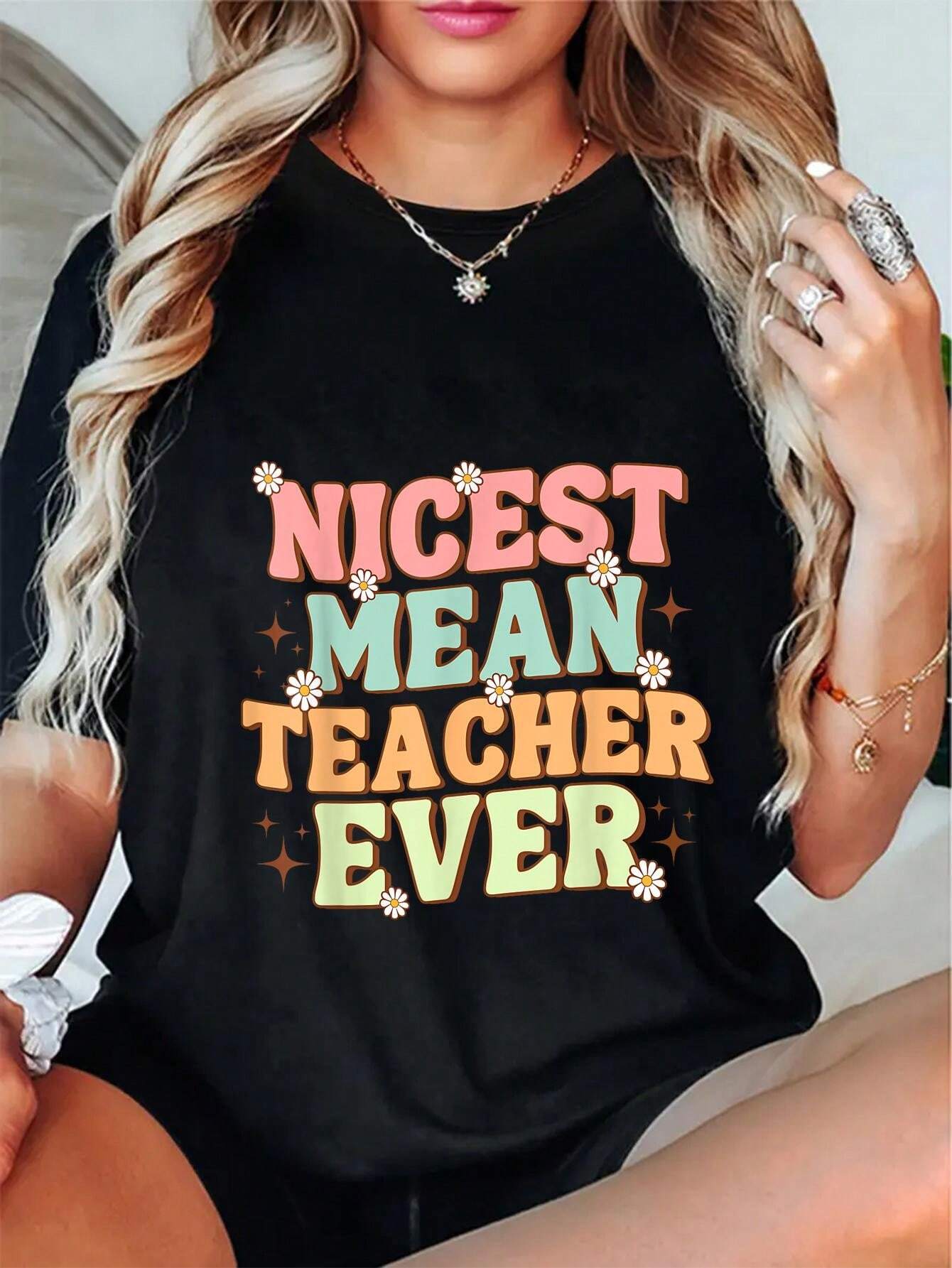 100% Cotton Funny Teacher Vibes T-Shirt Nicest Mean Teacher Graphic Casual Crew Neck Short Sleeve Tee
