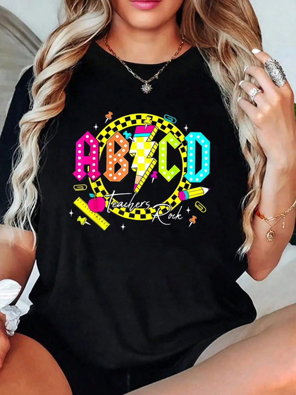 Soft Cotton Crew Neck Tee - Cute Abcs Slogan Print Casual Daily Top For Elementary Teachers