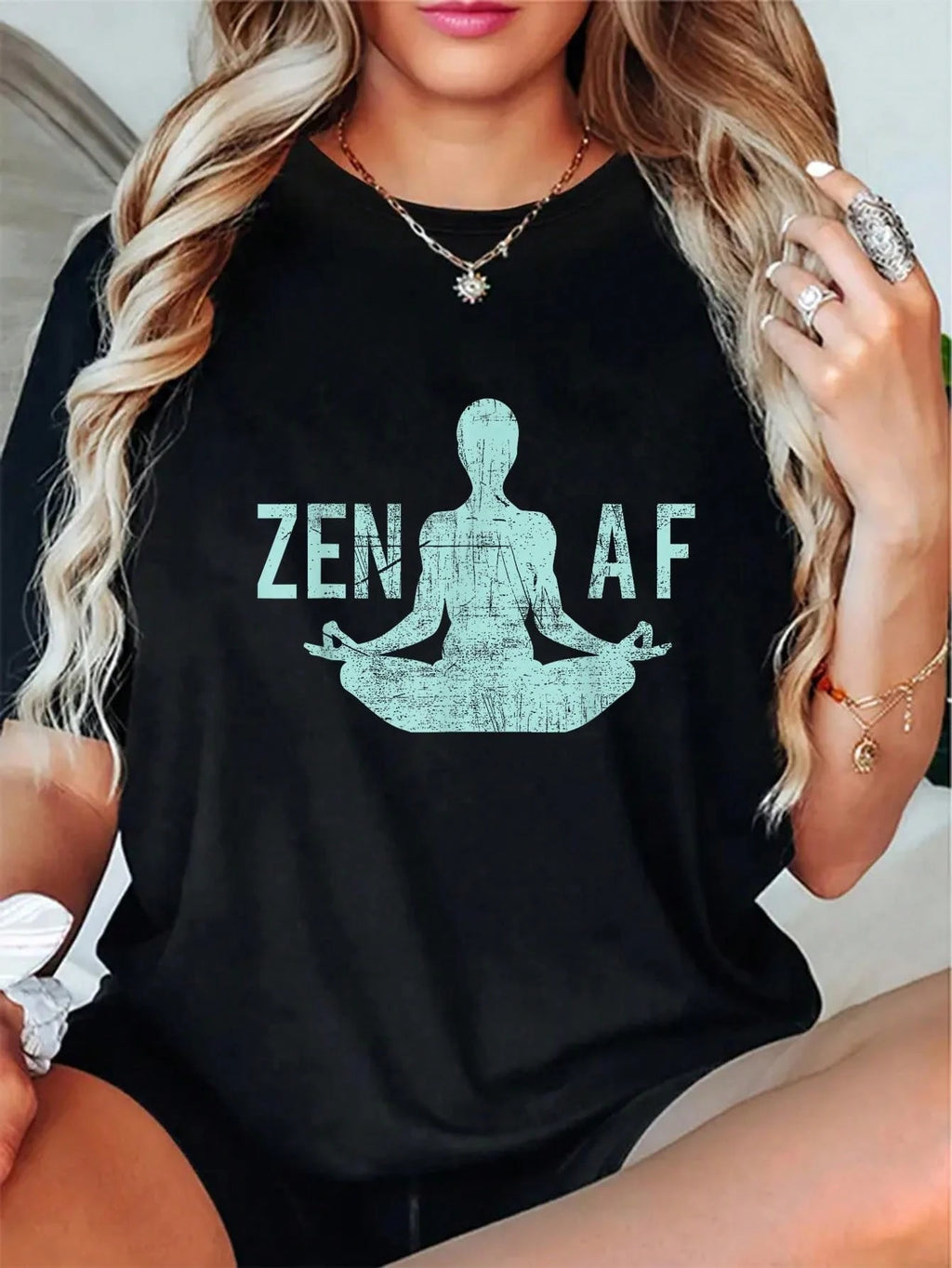 100% Cotton Black Zen AF T-Shirt Cute Yoga Graphic Casual Short Sleeve Tee Funny Gift For Women