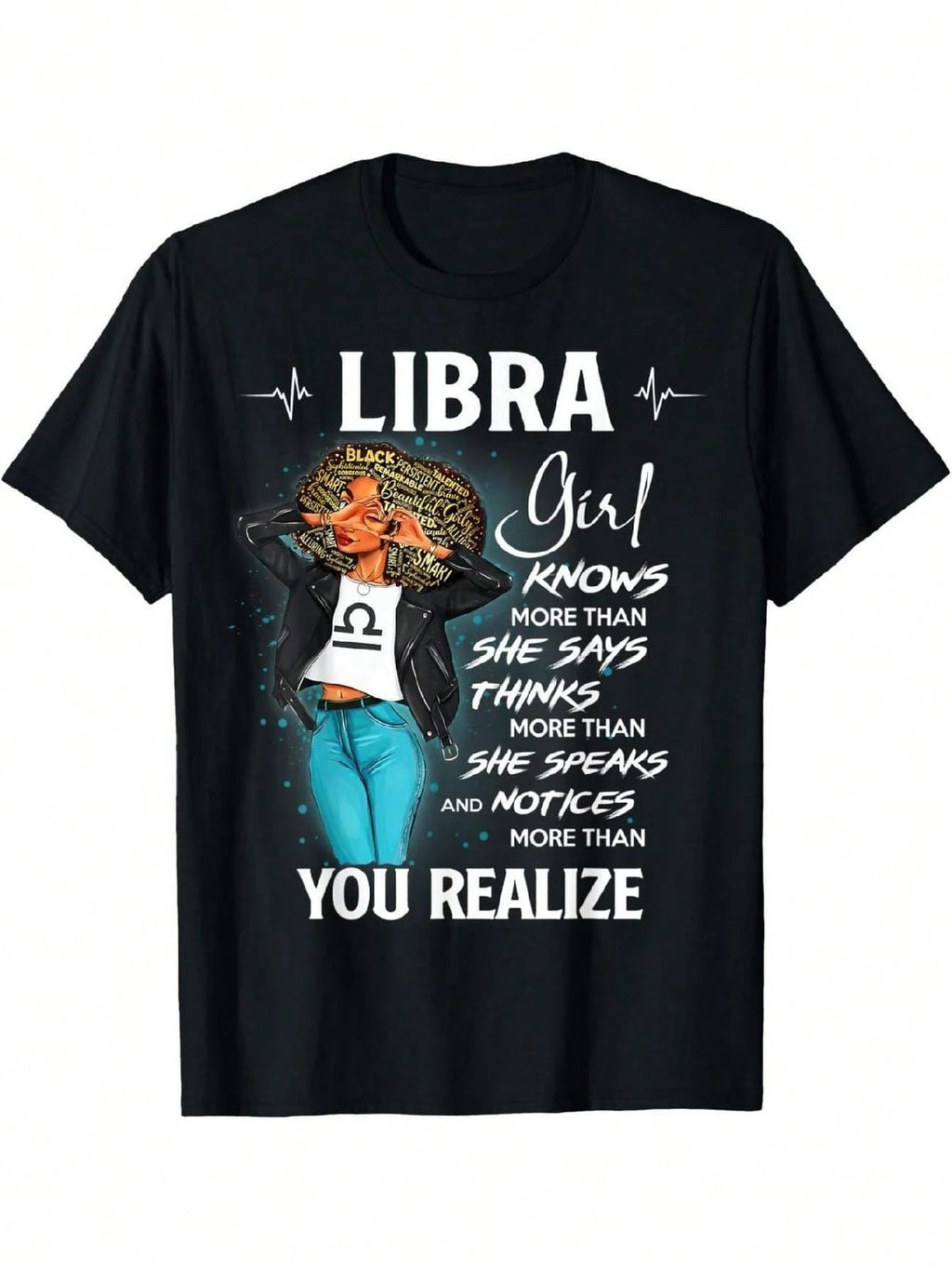Women Soft Black Crew Neck Tee Libra Zodiac Slogan Print Daily Fashion Casual Short Sleeve Top