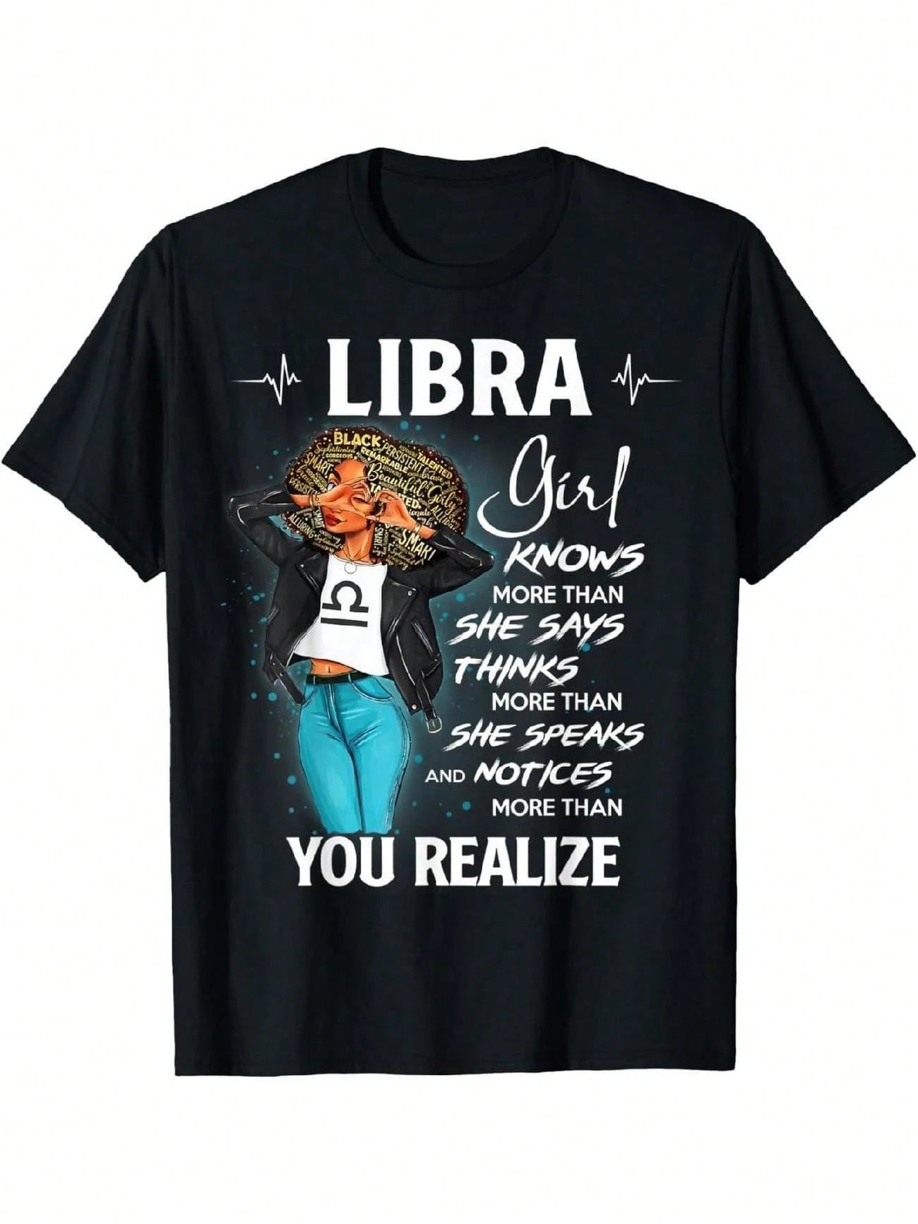 Women Soft Black Crew Neck Tee Libra Zodiac Slogan Print Daily Fashion Casual Short Sleeve Top