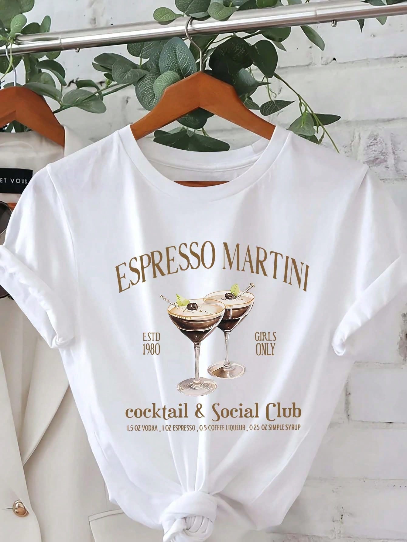 ESPRESSO MARTINI Cartoon Letter Graphic Print T Shirt, Short Sleeve Crew Neck Casual Top For Summer & Spring, Women's T-Shirt