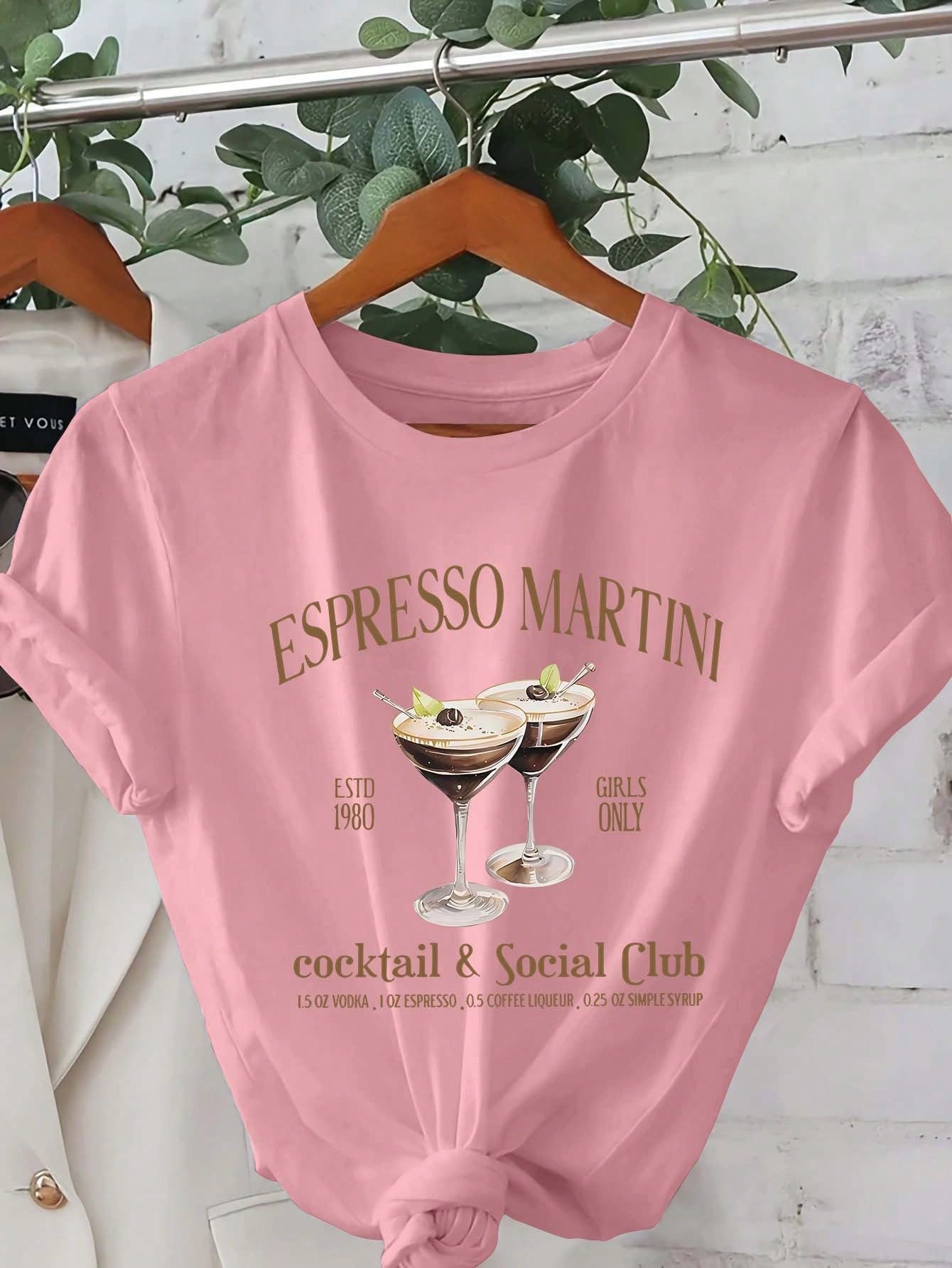 ESPRESSO MARTINI Cartoon Letter Graphic Print T Shirt, Short Sleeve Crew Neck Casual Top For Summer & Spring, Women's T-Shirt