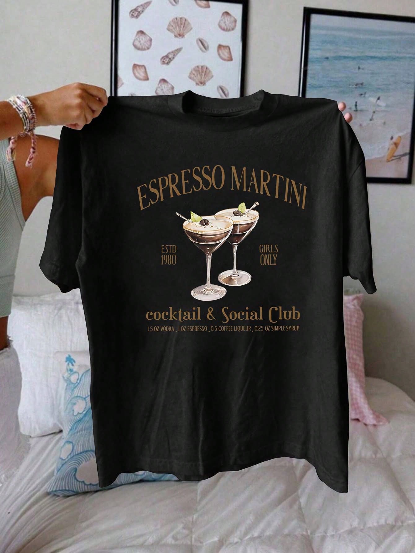 ESPRESSO MARTINI Cartoon Letter Graphic Print T Shirt, Short Sleeve Crew Neck Casual Top For Summer & Spring, Women's T-Shirt
