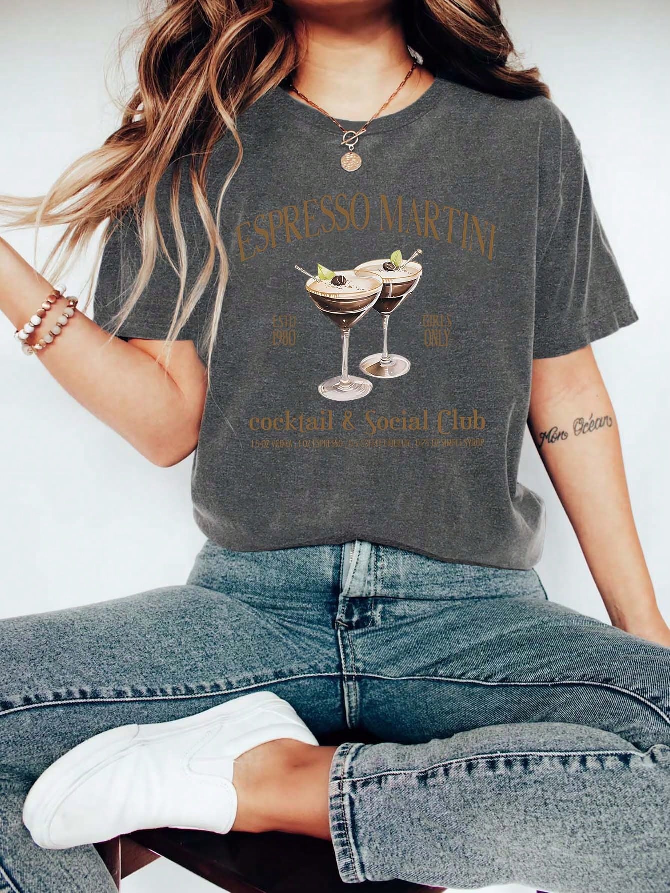 ESPRESSO MARTINI Cartoon Letter Graphic Print T Shirt, Short Sleeve Crew Neck Casual Top For Summer & Spring, Women's T-Shirt