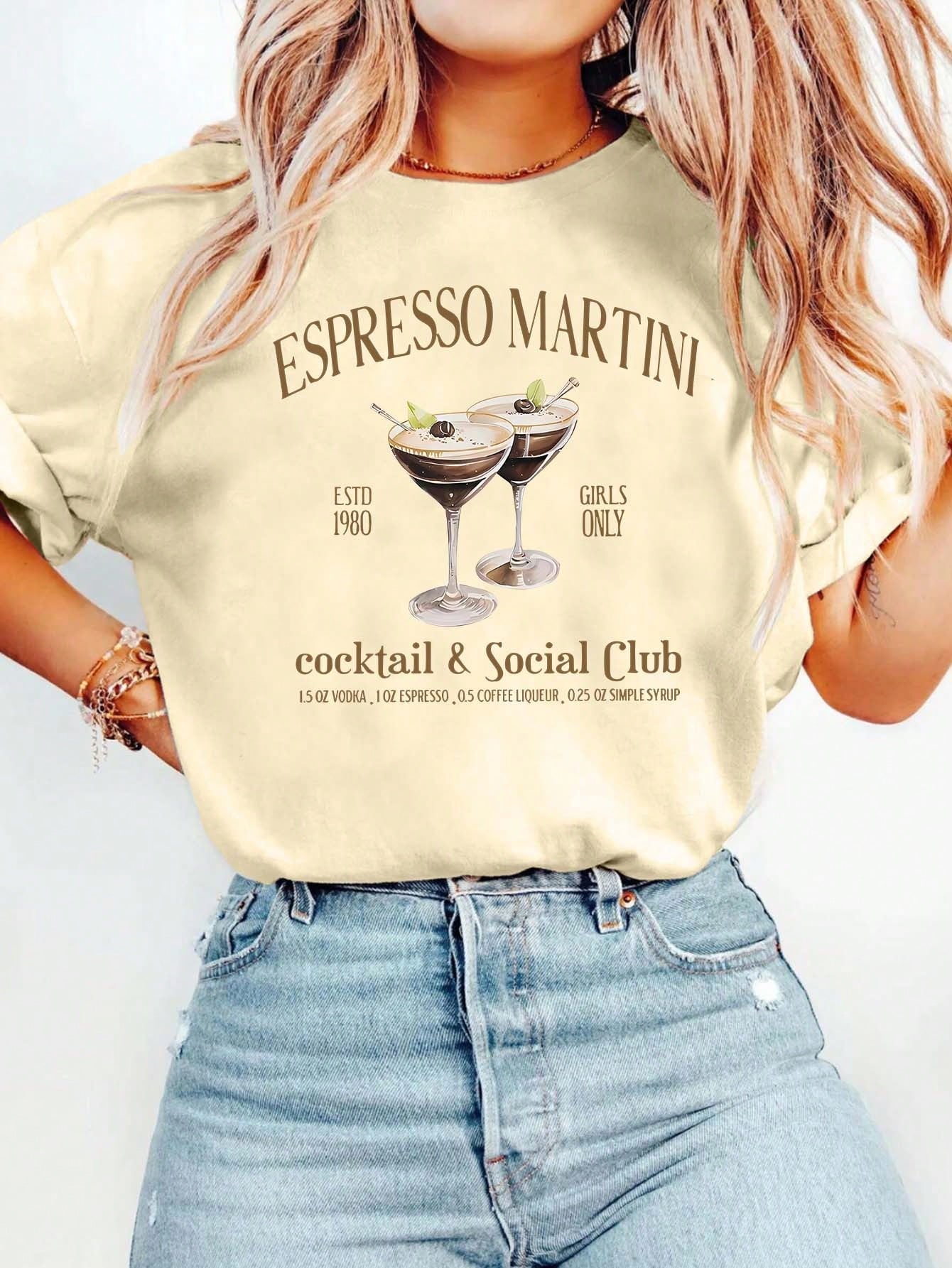 ESPRESSO MARTINI Cartoon Letter Graphic Print T Shirt, Short Sleeve Crew Neck Casual Top For Summer & Spring, Women's T-Shirt