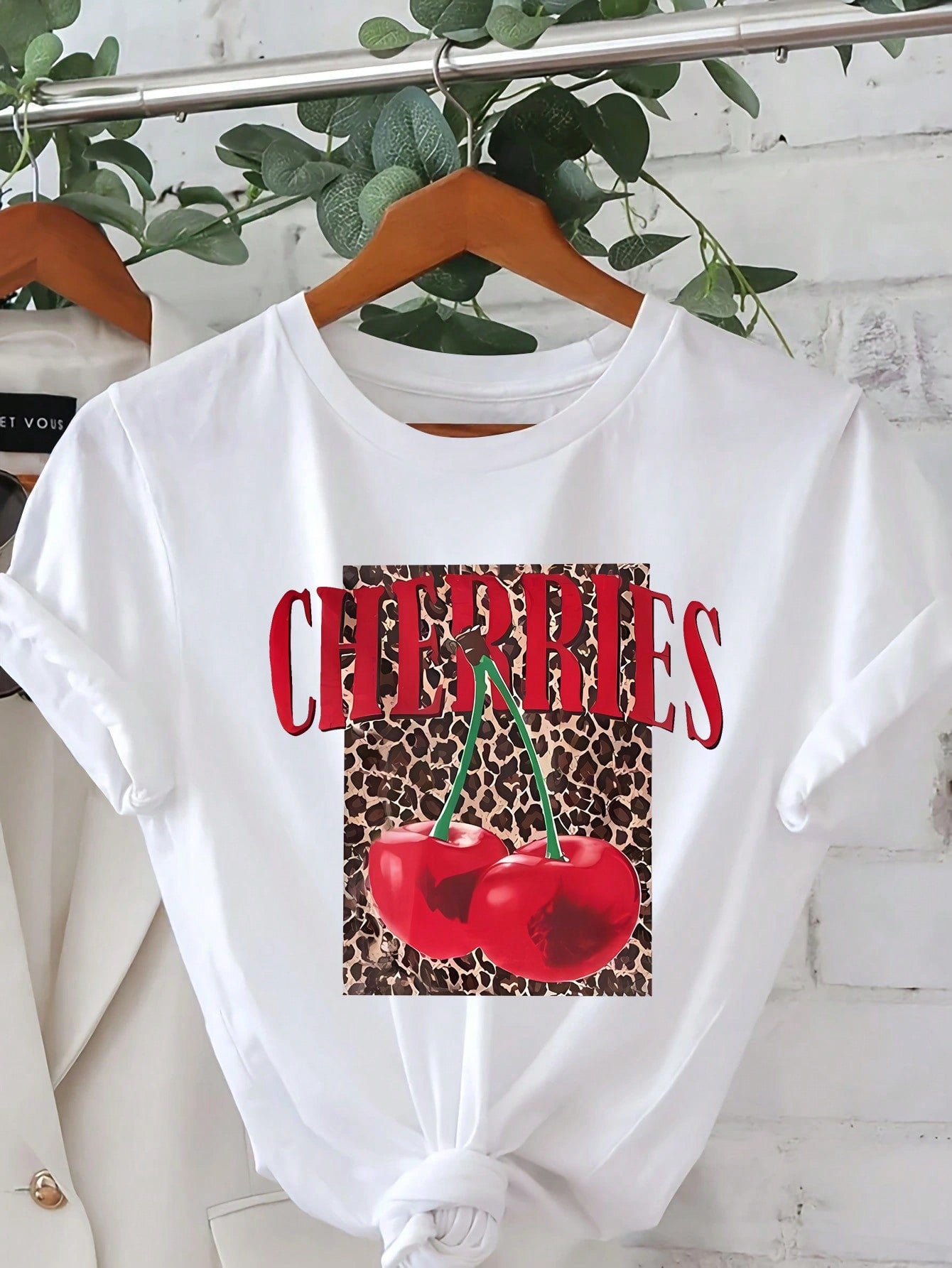 Valentine's Day Leopard Cherry Cartoon Letter Graphic Print T Shirt, Short Sleeve Crew Neck Casual Top For Summer & Spring, Women's T-Shirt