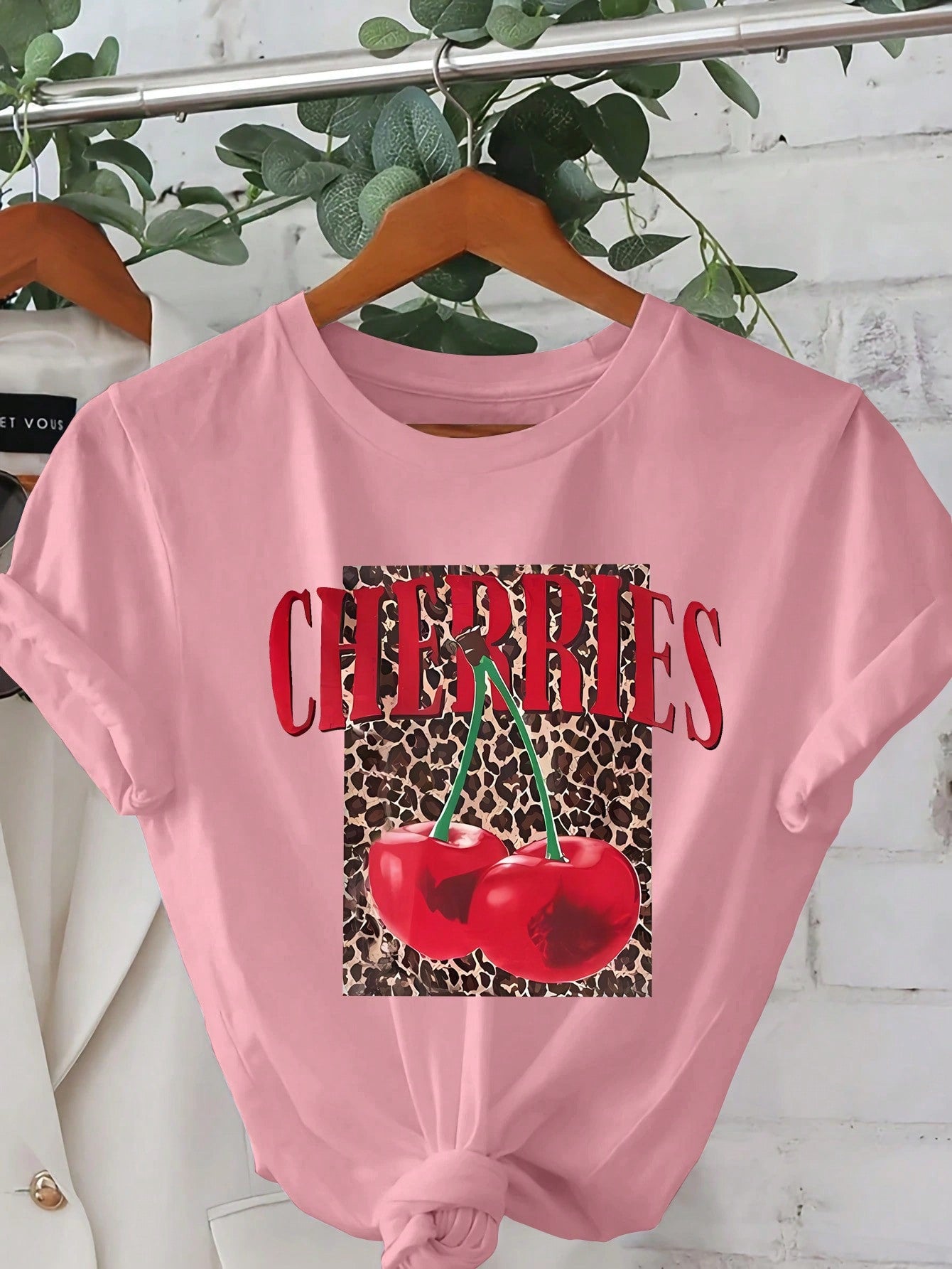 Valentine's Day Leopard Cherry Cartoon Letter Graphic Print T Shirt, Short Sleeve Crew Neck Casual Top For Summer & Spring, Women's T-Shirt