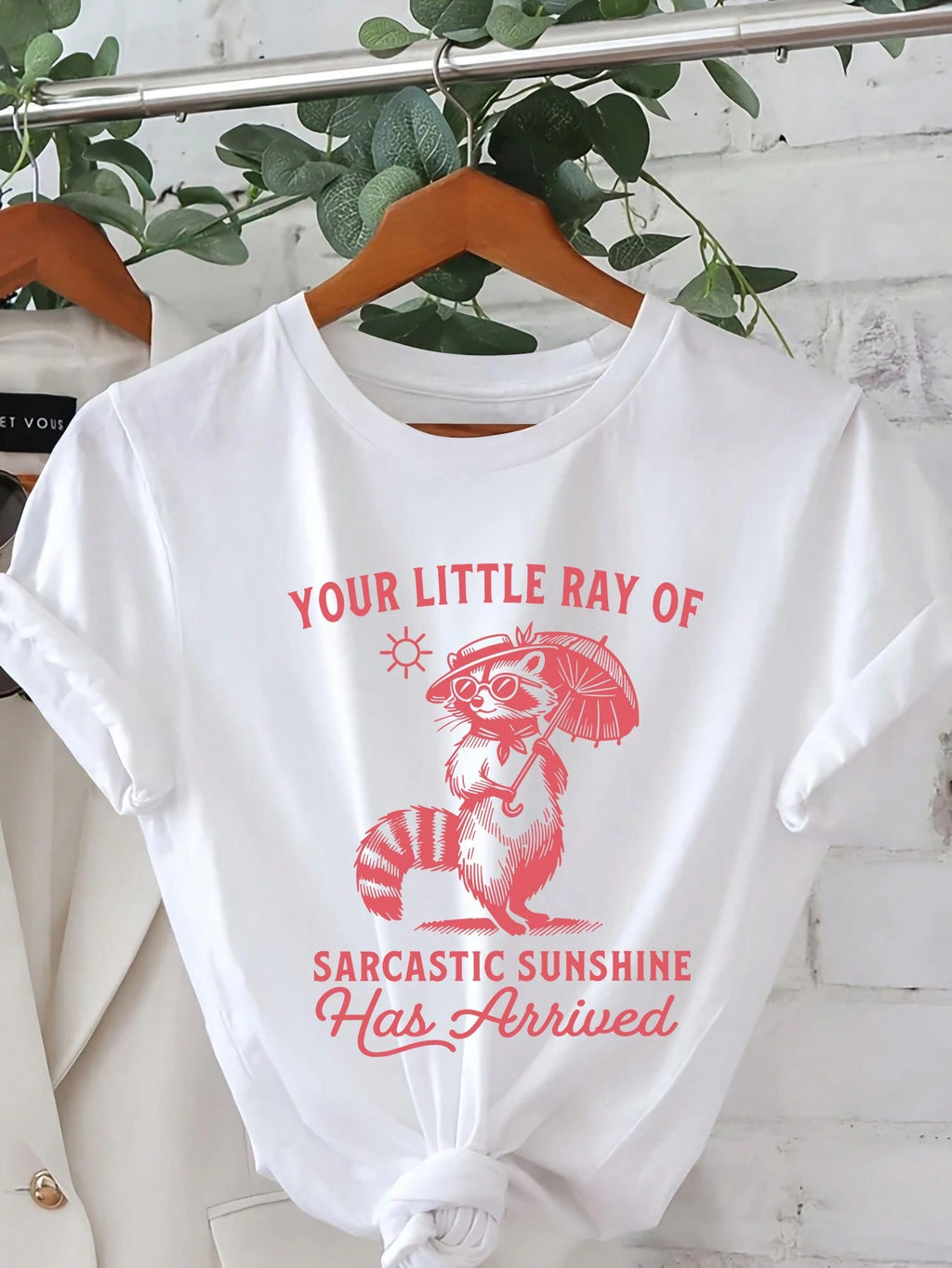 Funny Raccoon Cartoon Letter Graphic Print T Shirt, Short Sleeve Crew Neck Casual Top For Summer & Spring, Women's T-Shirt Vacation Outfit Women