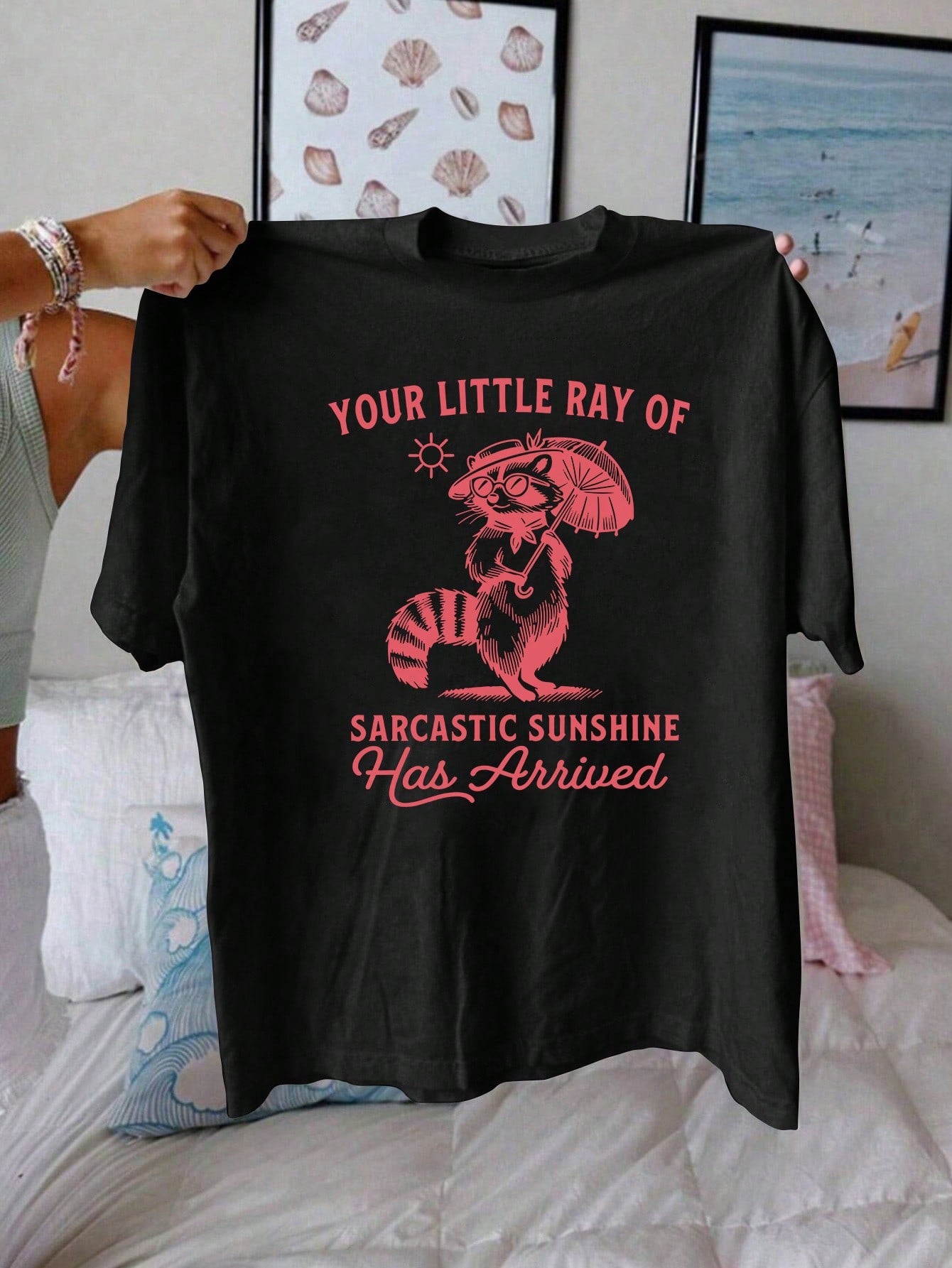 Funny Raccoon Cartoon Letter Graphic Print T Shirt, Short Sleeve Crew Neck Casual Top For Summer & Spring, Women's T-Shirt Vacation Outfit Women