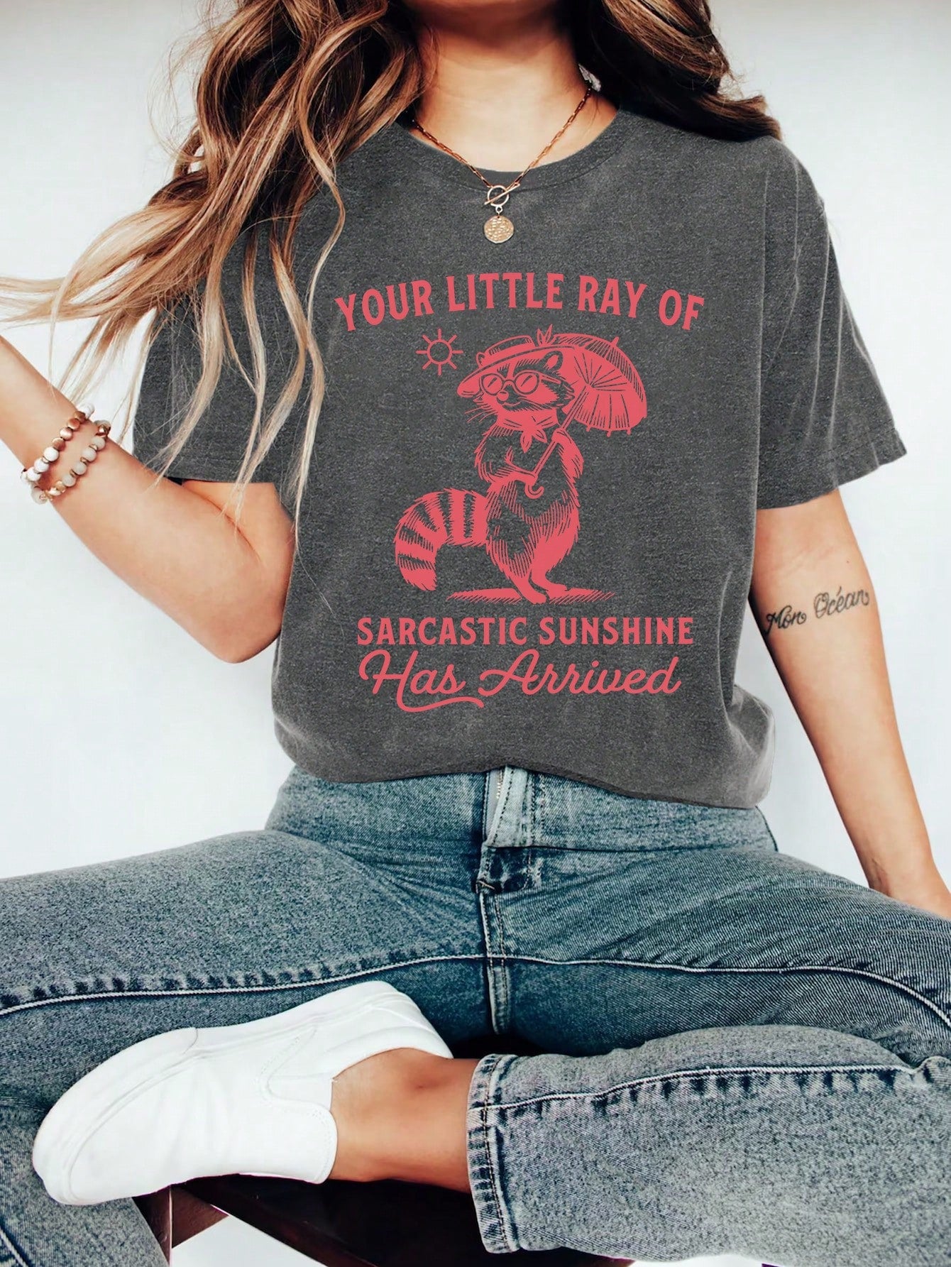 Funny Raccoon Cartoon Letter Graphic Print T Shirt, Short Sleeve Crew Neck Casual Top For Summer & Spring, Women's T-Shirt Vacation Outfit Women