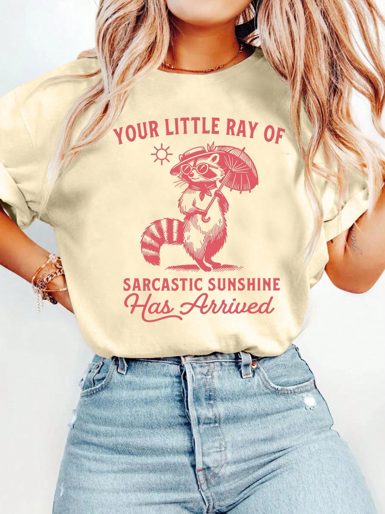 Funny Raccoon Cartoon Letter Graphic Print T Shirt, Short Sleeve Crew Neck Casual Top For Summer & Spring, Women's T-Shirt Vacation Outfit Women