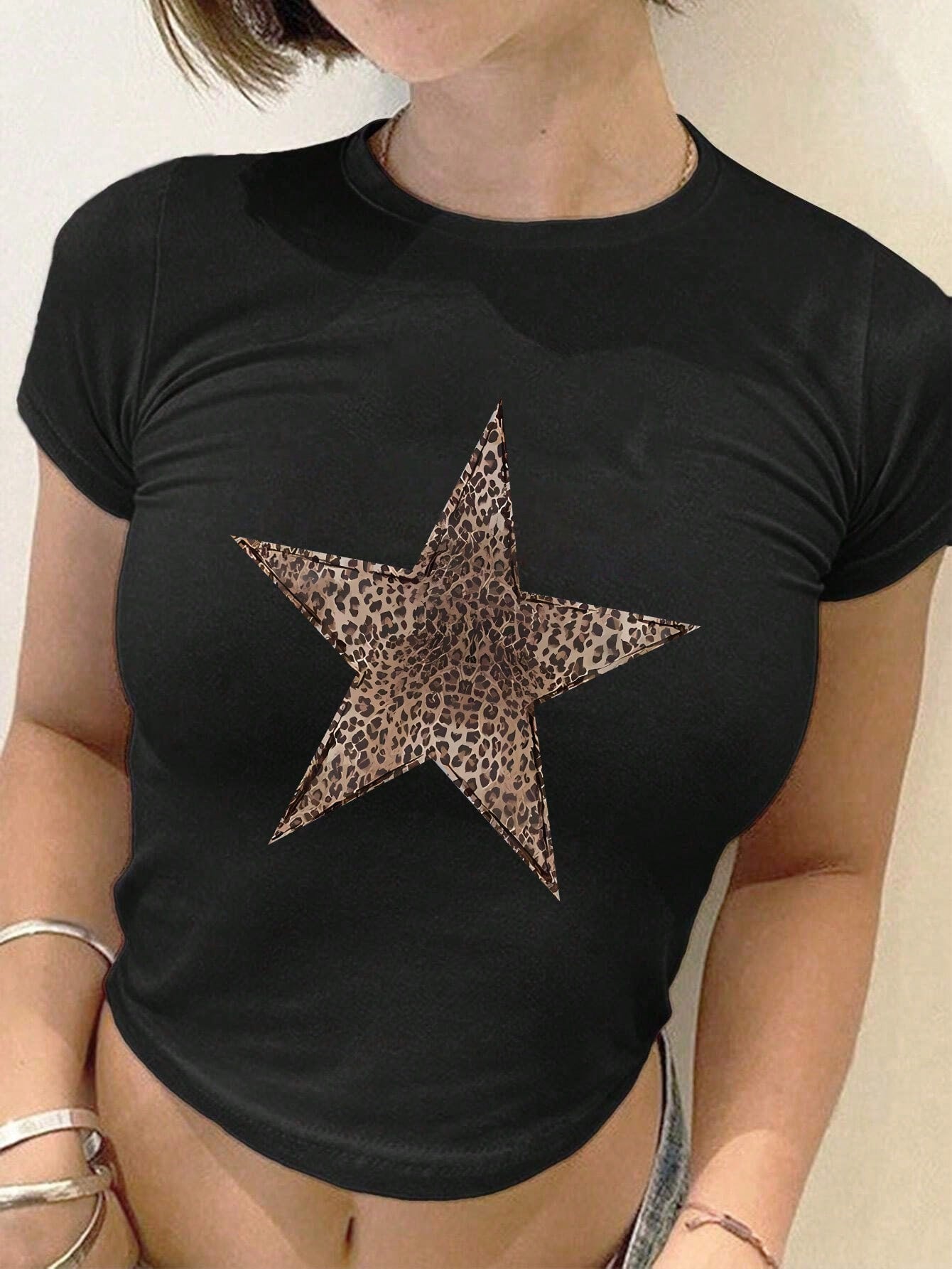 Star Printed Round Neck Short Sleeve Tight Short Women's T-Shirt, Suitable For Summer