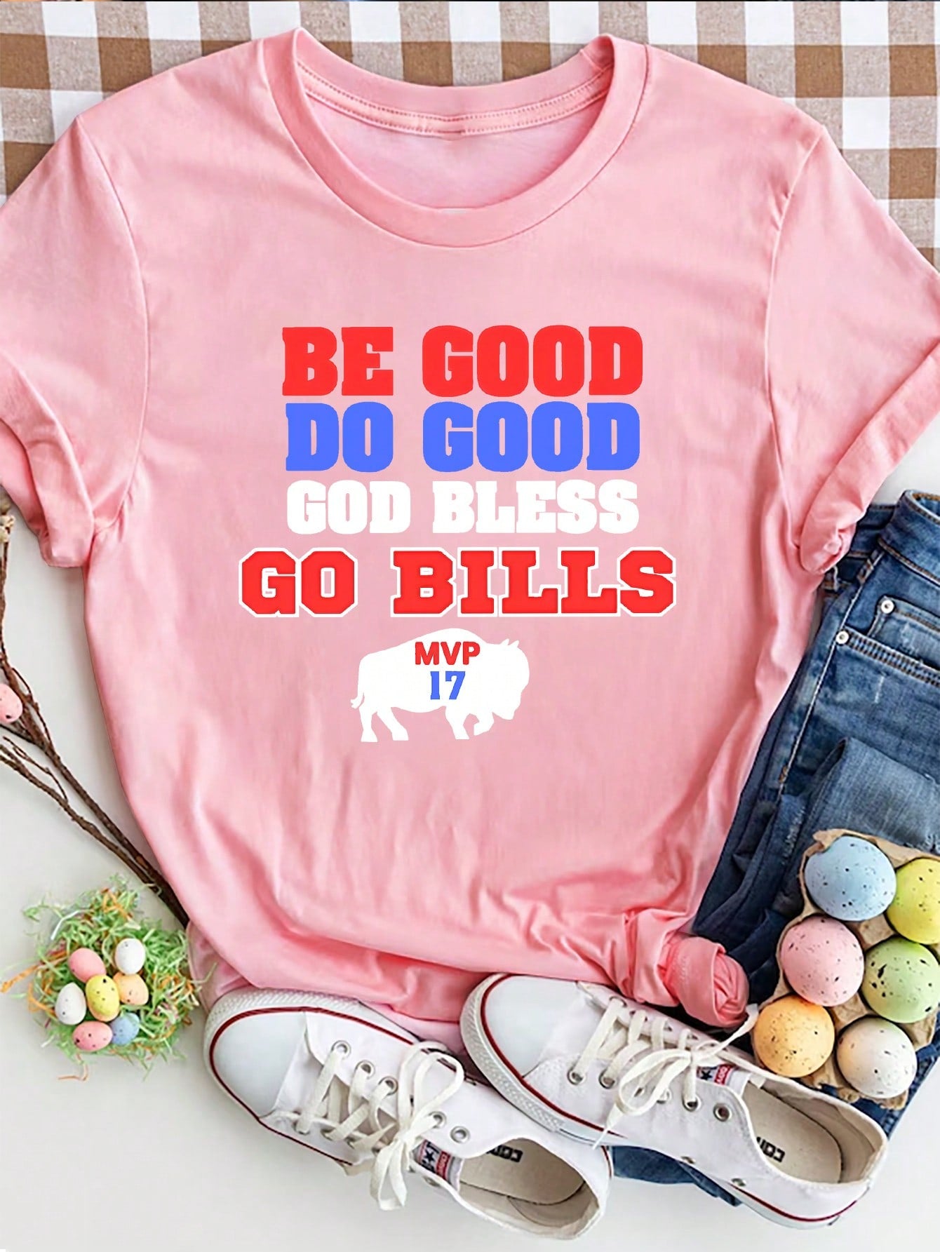 Buffalo Football Graphic Print T-Shirt, Short Sleeve Crew Neck Casual Top For Summer & Spring, Women's Clothing Game Day Vacation Outfit Women Dress For Women Summer
