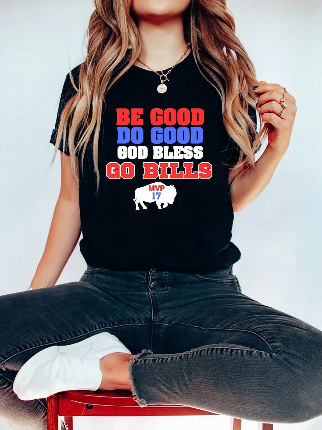 Buffalo Football Graphic Print T-Shirt, Short Sleeve Crew Neck Casual Top For Summer & Spring, Women's Clothing Game Day Vacation Outfit Women Dress For Women Summer