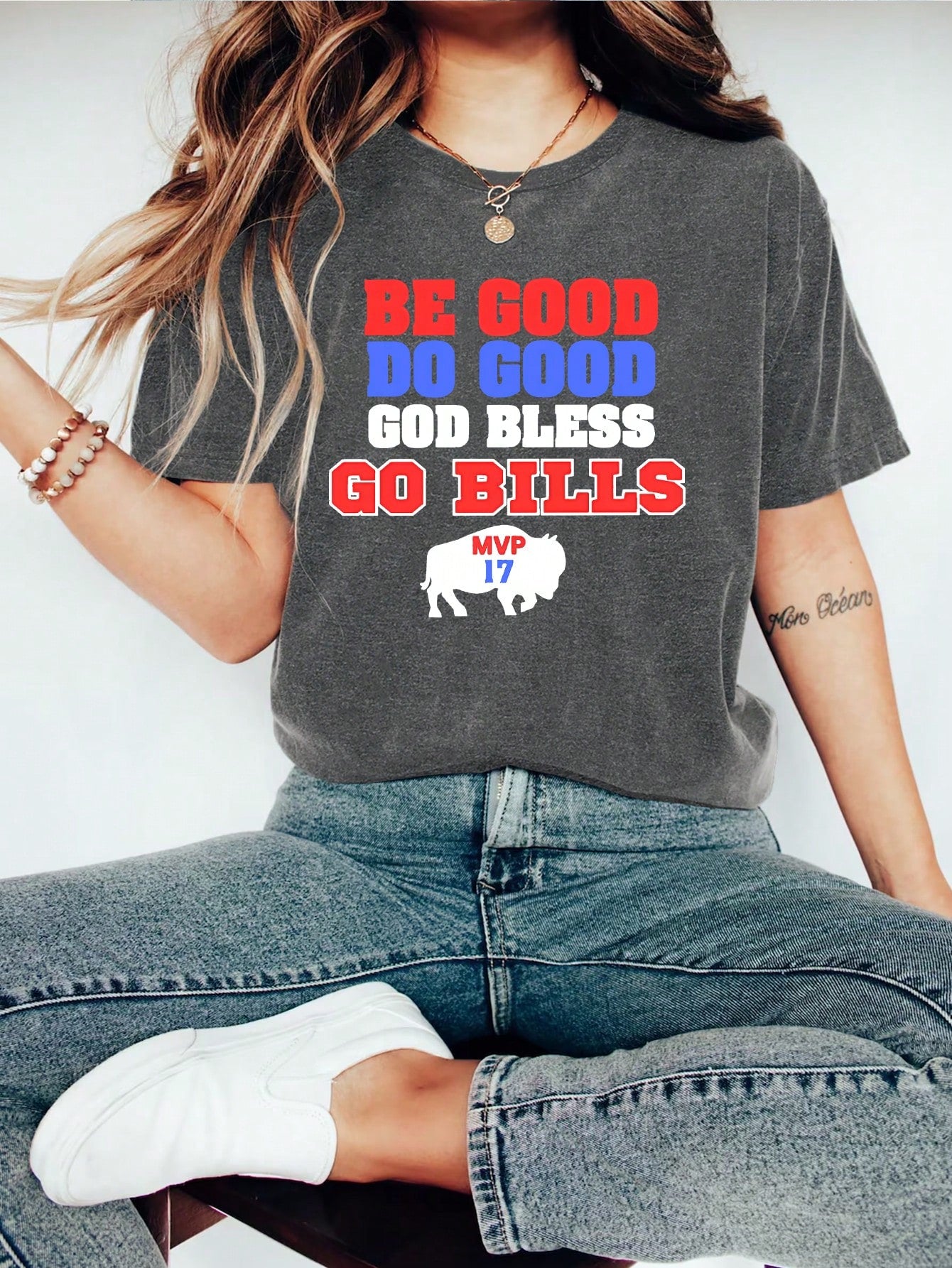 Buffalo Football Graphic Print T-Shirt, Short Sleeve Crew Neck Casual Top For Summer & Spring, Women's Clothing Game Day Vacation Outfit Women Dress For Women Summer