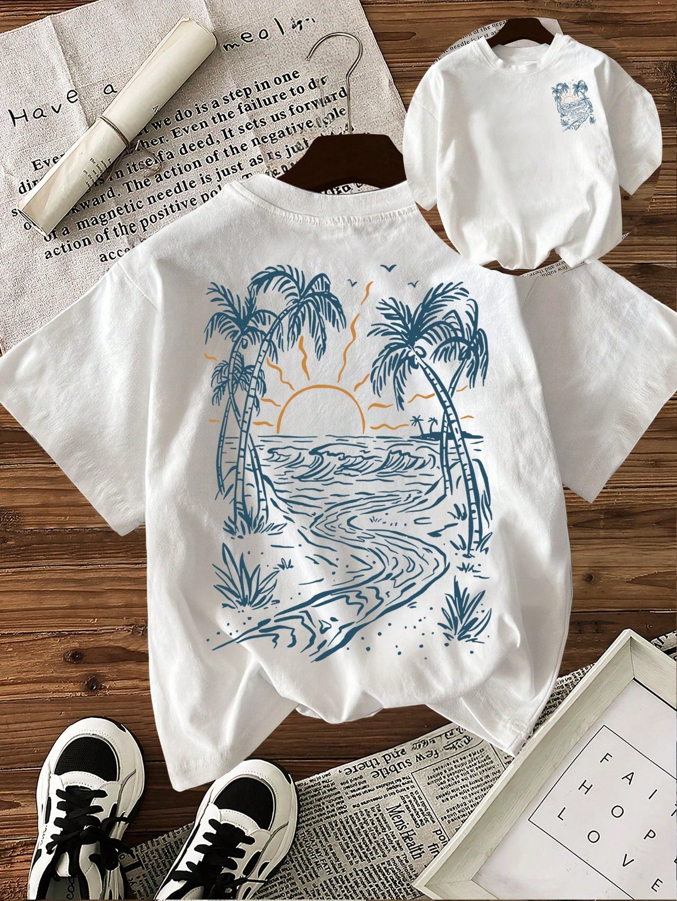 EMERY ROSE Women's Round Neck Coconut Tree Print Casual Versatile Daily Wear Short Sleeve T-Shirt