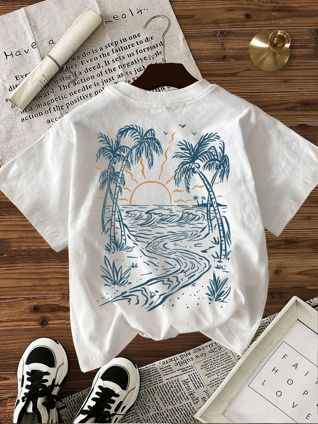 EMERY ROSE Women's Round Neck Coconut Tree Print Casual Versatile Daily Wear Short Sleeve T-Shirt