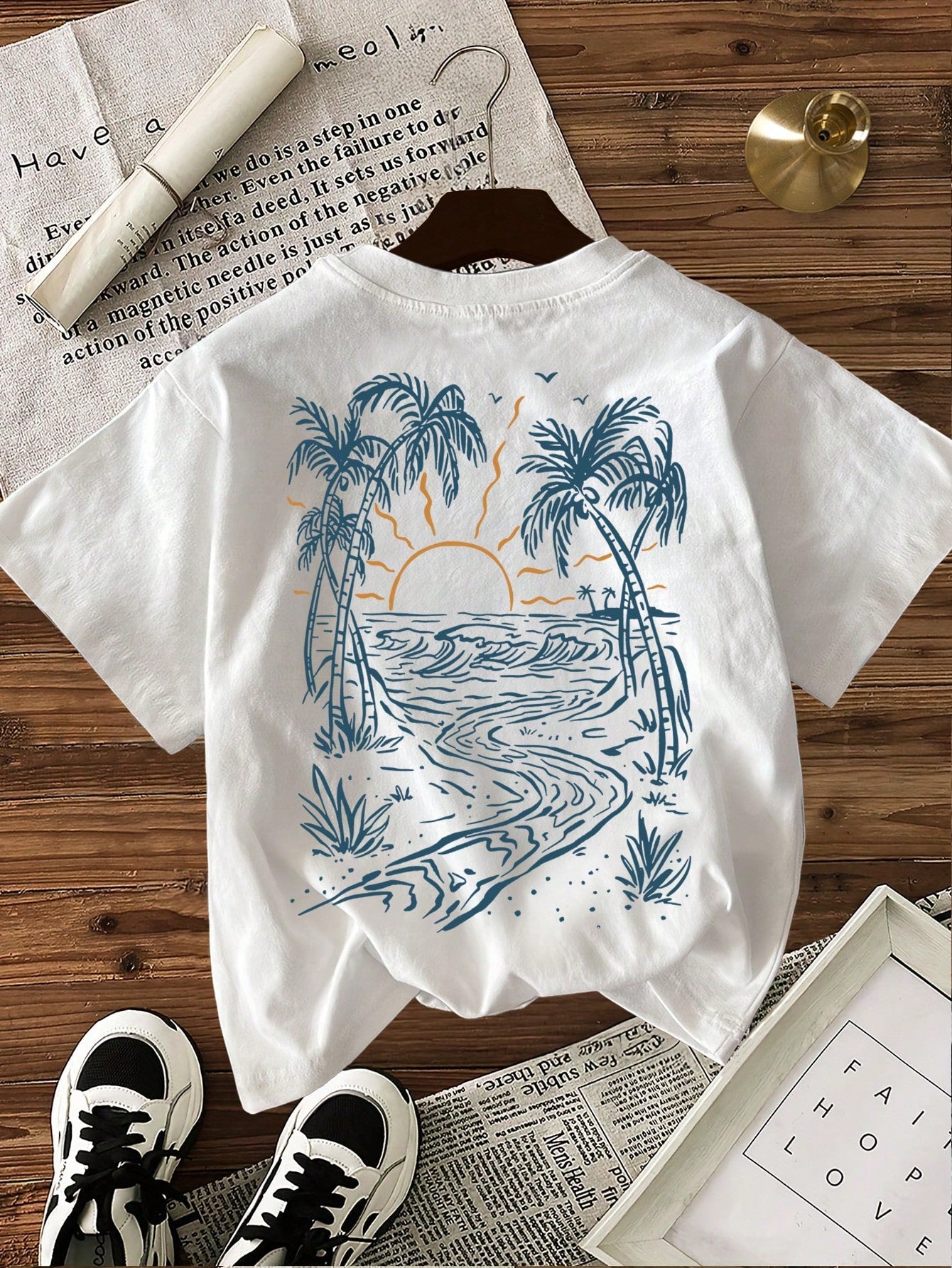EMERY ROSE Women's Round Neck Coconut Tree Print Casual Versatile Daily Wear Short Sleeve T-Shirt