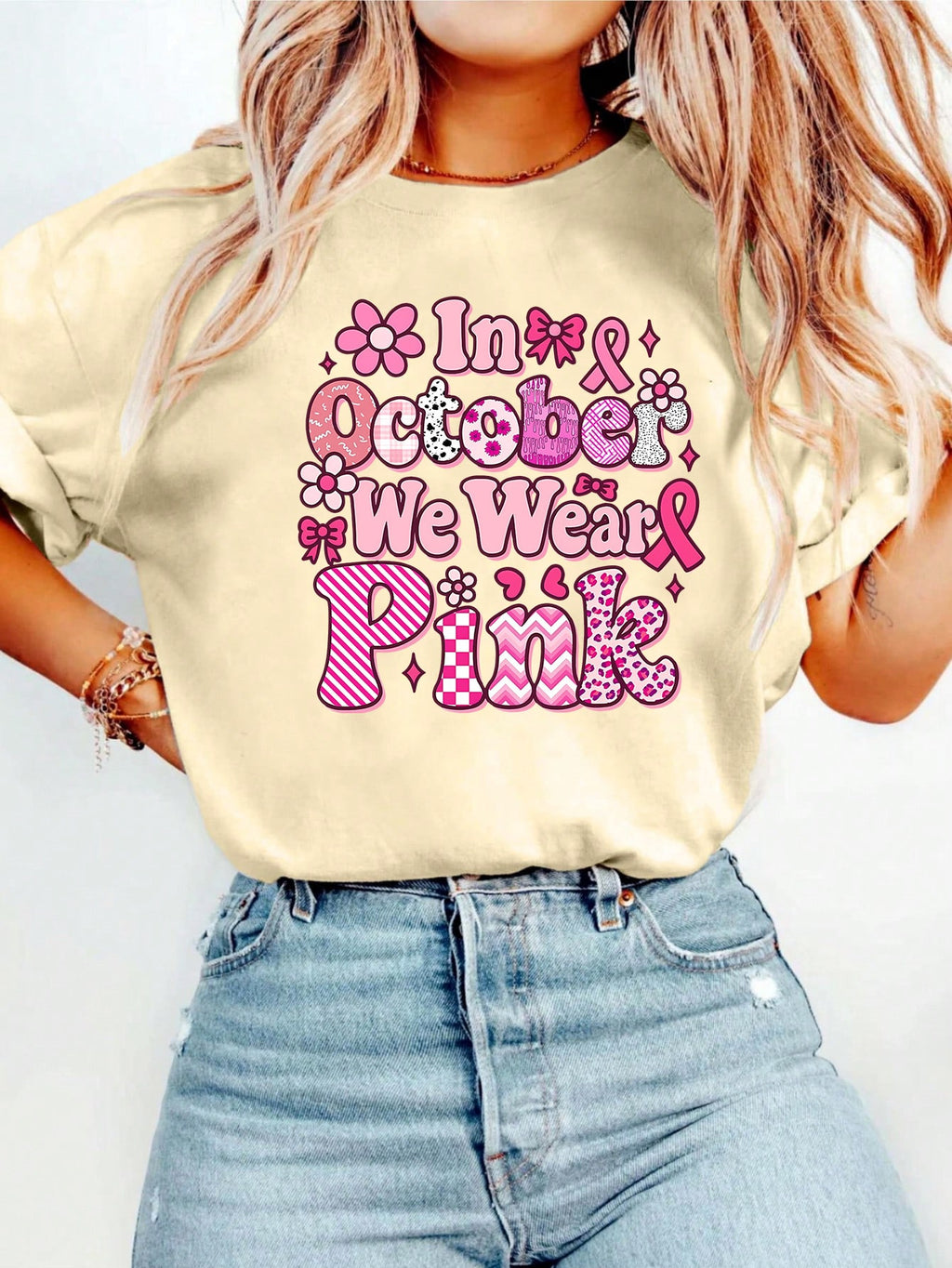 Wear Pink, Letters Graphic Printed Casual Round Neck Short Sleeve T-Shirt Women's Summer Tops