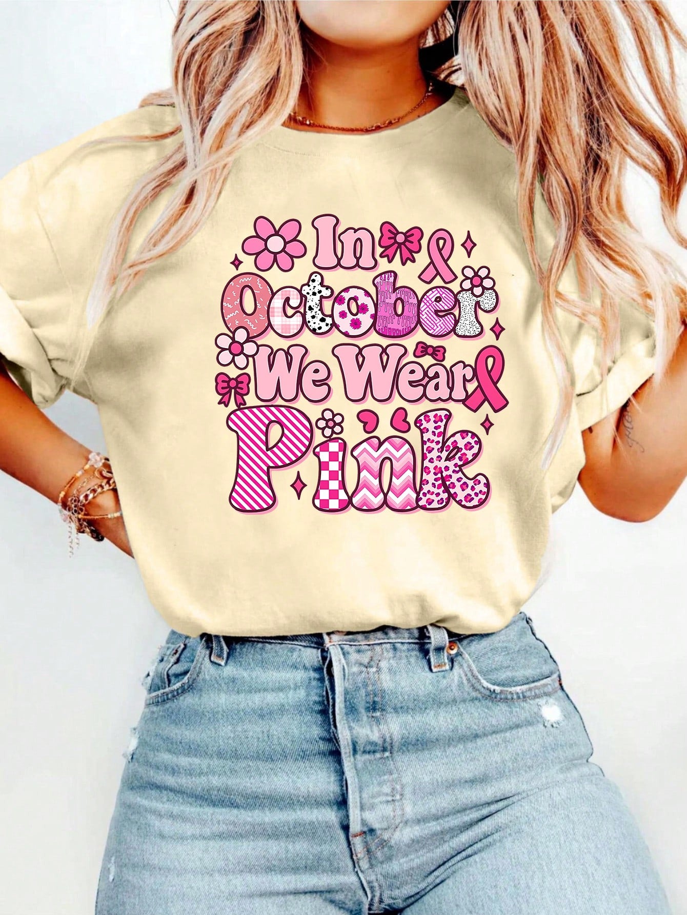 Wear Pink, Letters Graphic Printed Casual Round Neck Short Sleeve T-Shirt Women's Summer Tops