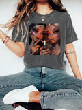 Retro Batik Dress-Up Doll Print Casual Round Neck Short-Sleeved T-Shirt, Women's Summer Top
