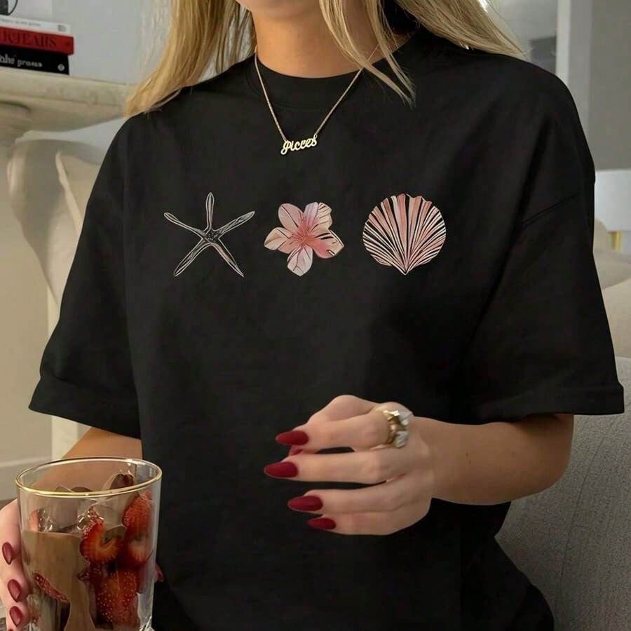 Graphic TeesWomen's Cotton Oversized T-Shirt With Starfish, Flower & Shell Print, Casual Short Sleeve Round Neck Tee, Loose Fit Top, S-5XL Sizes, Summer Beach Vacation Fashion, Soft Breathable Basic T-Shirt For Daily Wearcotton Summer Tops