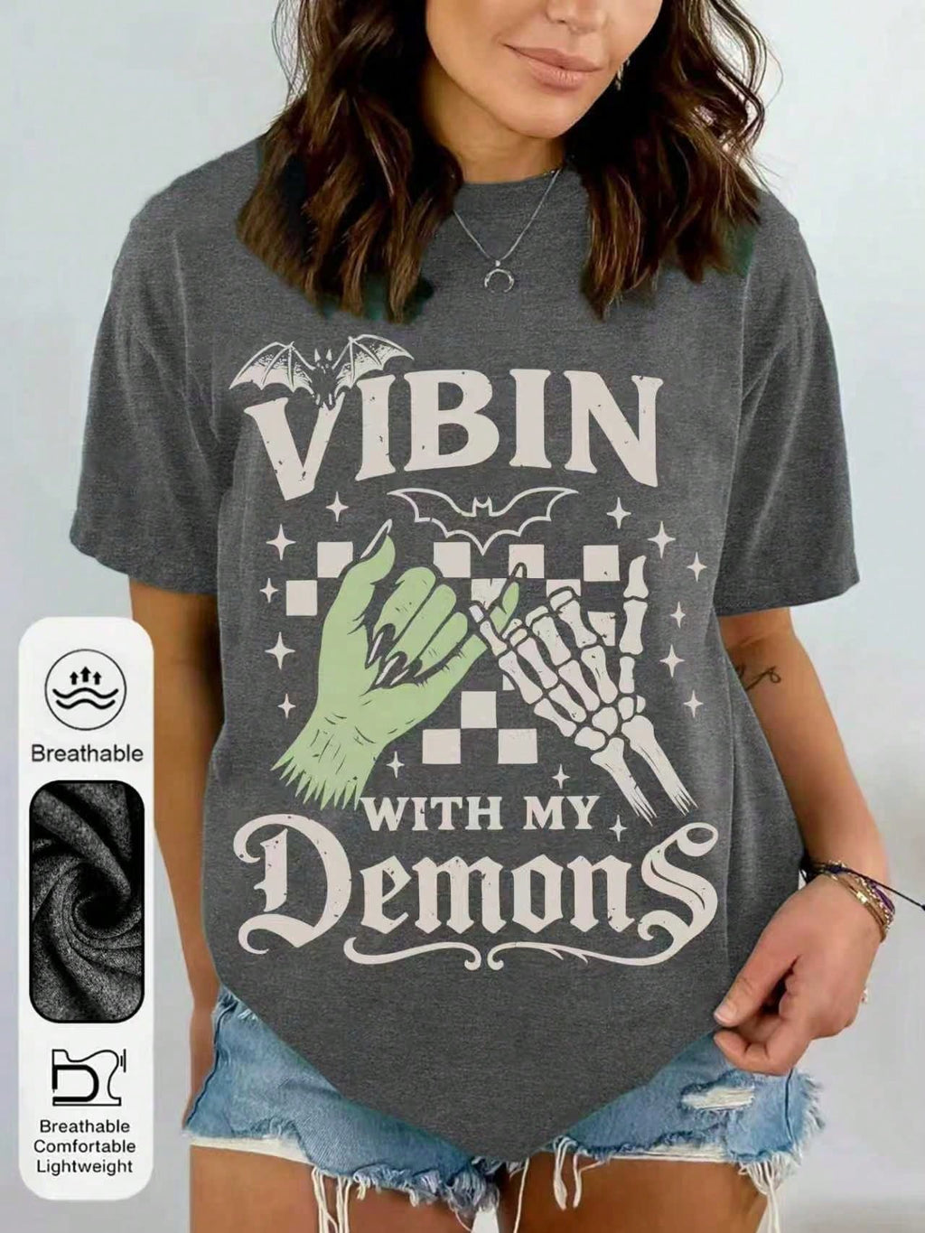 "Dancing With My Devil" Printed Casual Crew Neck Short Sleeve T-Shirt, Women's Summer Top.