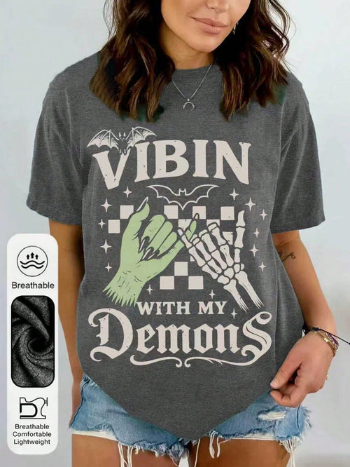"Dancing With My Devil" Printed Casual Crew Neck Short Sleeve T-Shirt, Women's Summer Top.