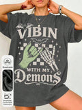 "Dancing With My Devil" Printed Casual Crew Neck Short Sleeve T-Shirt, Women's Summer Top.