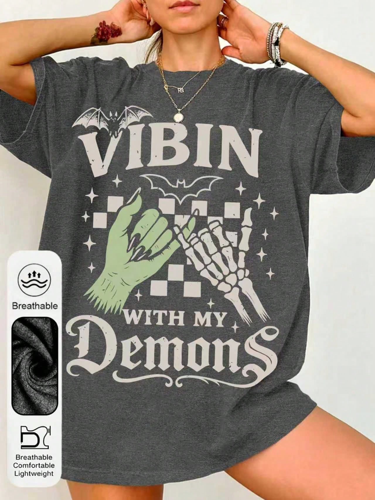 "Dancing With My Devil" Printed Casual Crew Neck Short Sleeve T-Shirt, Women's Summer Top.