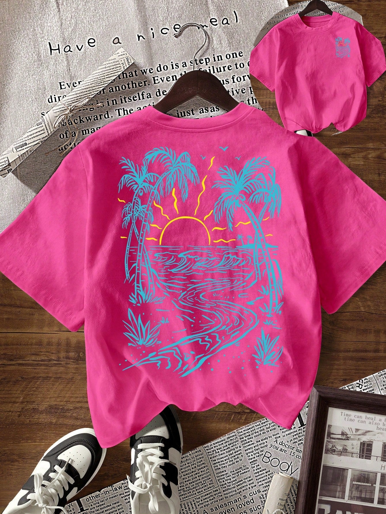EMERY ROSE Women's Round Neck Coconut Tree Print Casual Versatile Daily Wear Short Sleeve T-Shirt