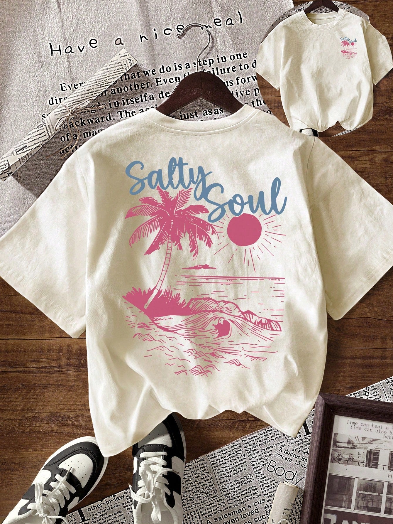 EMERY ROSE Women's Round Neck Coconut Tree Print Casual Versatile Daily Wear Short Sleeve T-Shirt