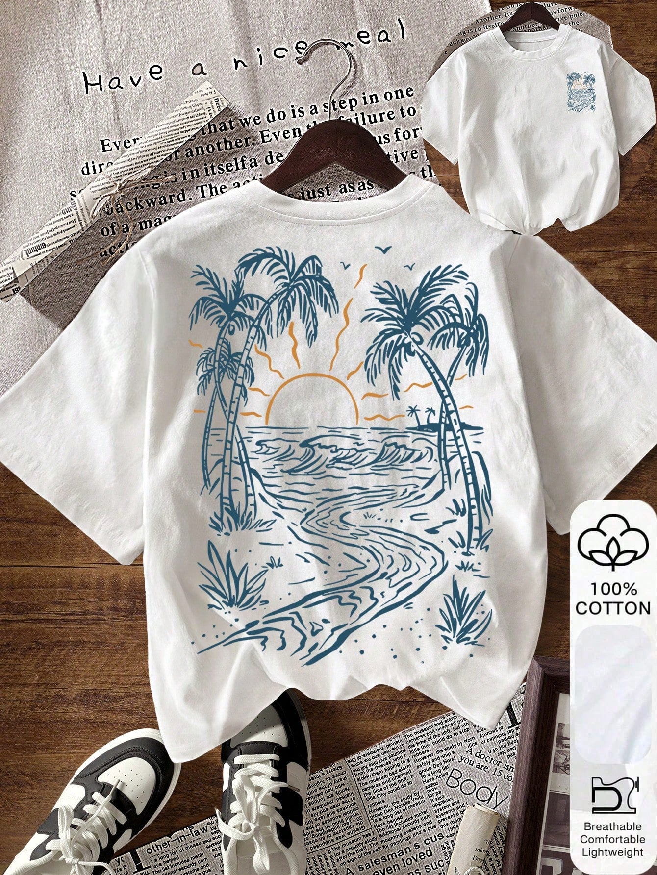 EMERY ROSE Women's Round Neck Coconut Tree Print Casual Versatile Daily Wear Short Sleeve T-Shirt