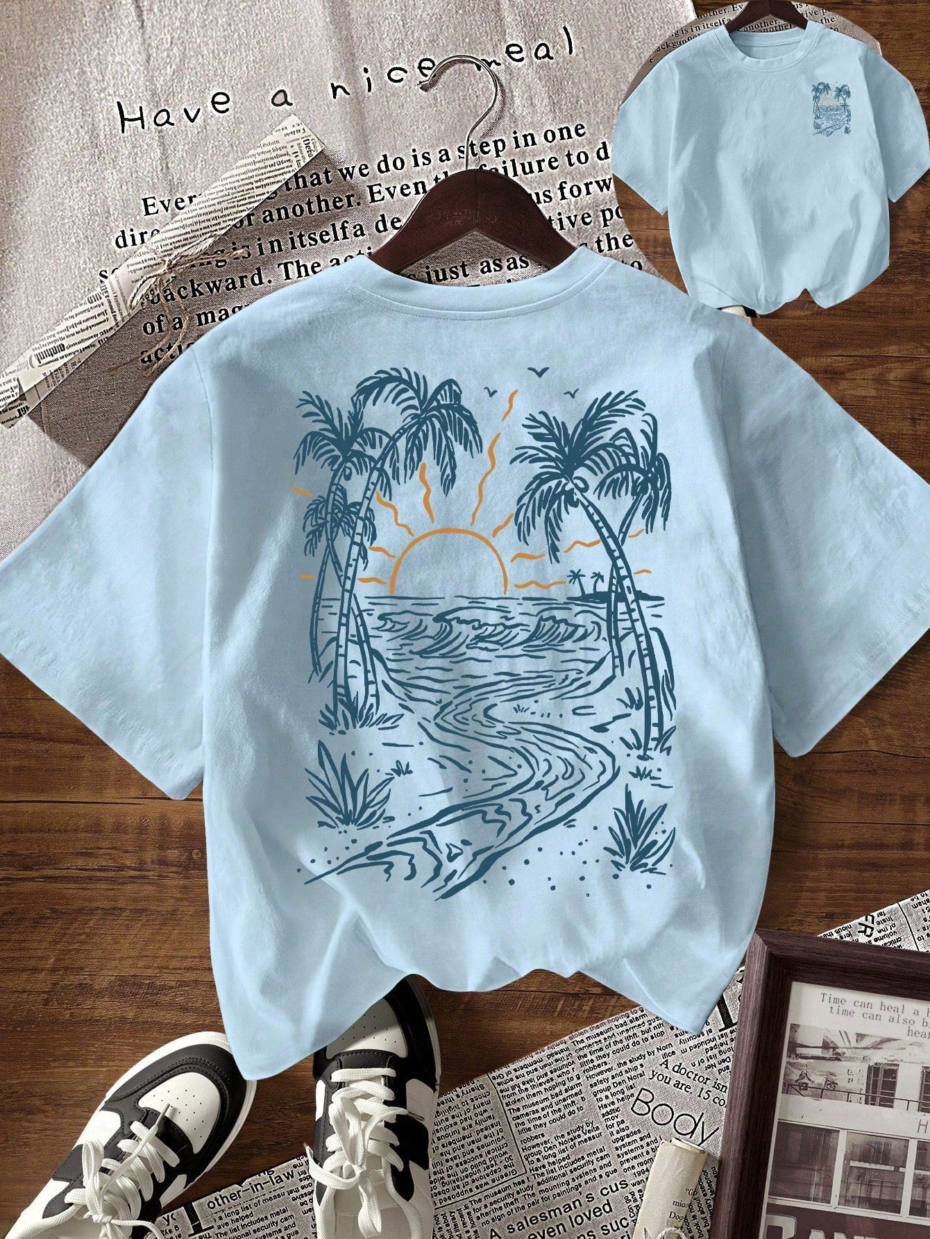 EMERY ROSE Women's Round Neck Coconut Tree Print Casual Versatile Daily Wear Short Sleeve T-Shirt
