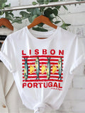 Soft Breathable "Wo" Lisbon Portugal Pattern Printed T-Shirt | Vibrant Tile Art And Tram Design, Paired With Canned Sardines And Lisbon Portuguese Letters, A Lightweight Short-Sleeved Round-Neck Casual Top, Regular Fit H-Line, Machine Washable For Year-Ro