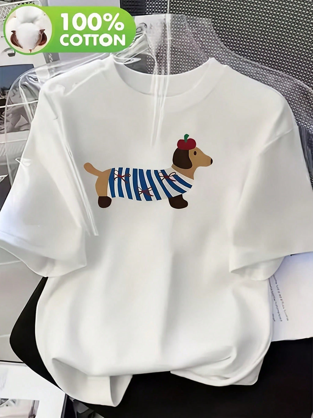 Best SellerSoft Women's Dachshund Print T-Shirt – New Summer Women's Casual T-Shirt, 100% Cotton, Round Neck Top, Featuring A Cute Dachshund Pattern, Suitable For Casual Wear, Machine Washable - 100% Cotton T-Shirt, Breathable Casual Daily Wear 100% Cotto