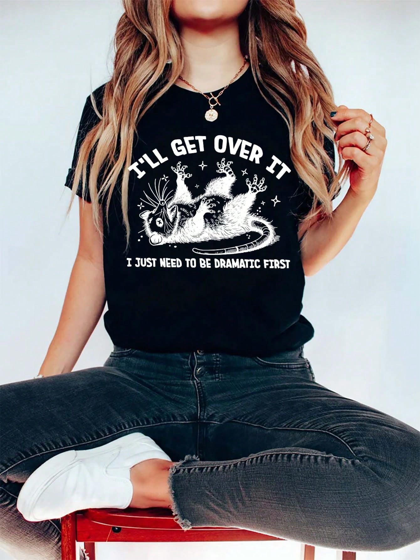 Funny And Satirical Possum Print Casual Round Neck Short-Sleeved T-Shirt, Women's Summer Top.