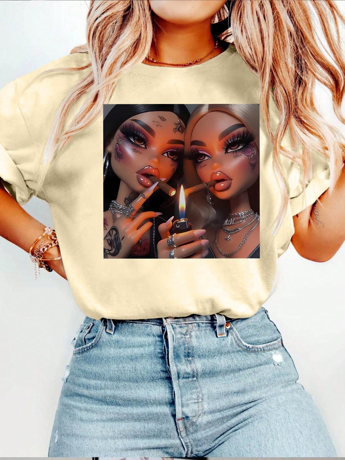 Retro Batik Dress-Up Doll Print Casual Round Neck Short-Sleeved T-Shirt, Women's Summer Top