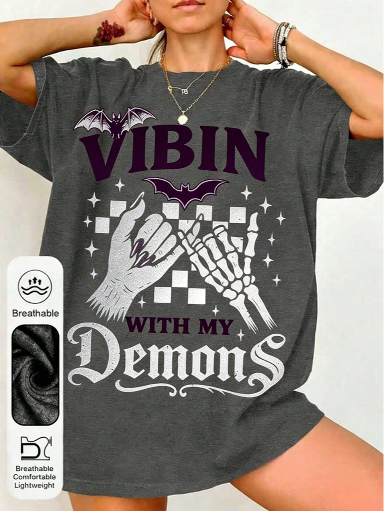 "Dancing With My Devil" Printed Casual Crew Neck Short Sleeve T-Shirt, Women's Summer Top.