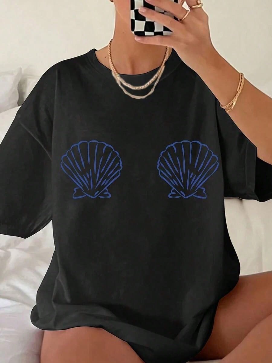 Cotton Graphic TeesWomen's White & Blue Tropical Seashell & Starfish Print T-Shirt - Soft Breathable Short Sleeve Beach Shirt, Loose Fit Casual Summer Top With Turquoise Shell Design, Machine Washable For Pool Parties, Vacation Outfits & Casual Attiresumm