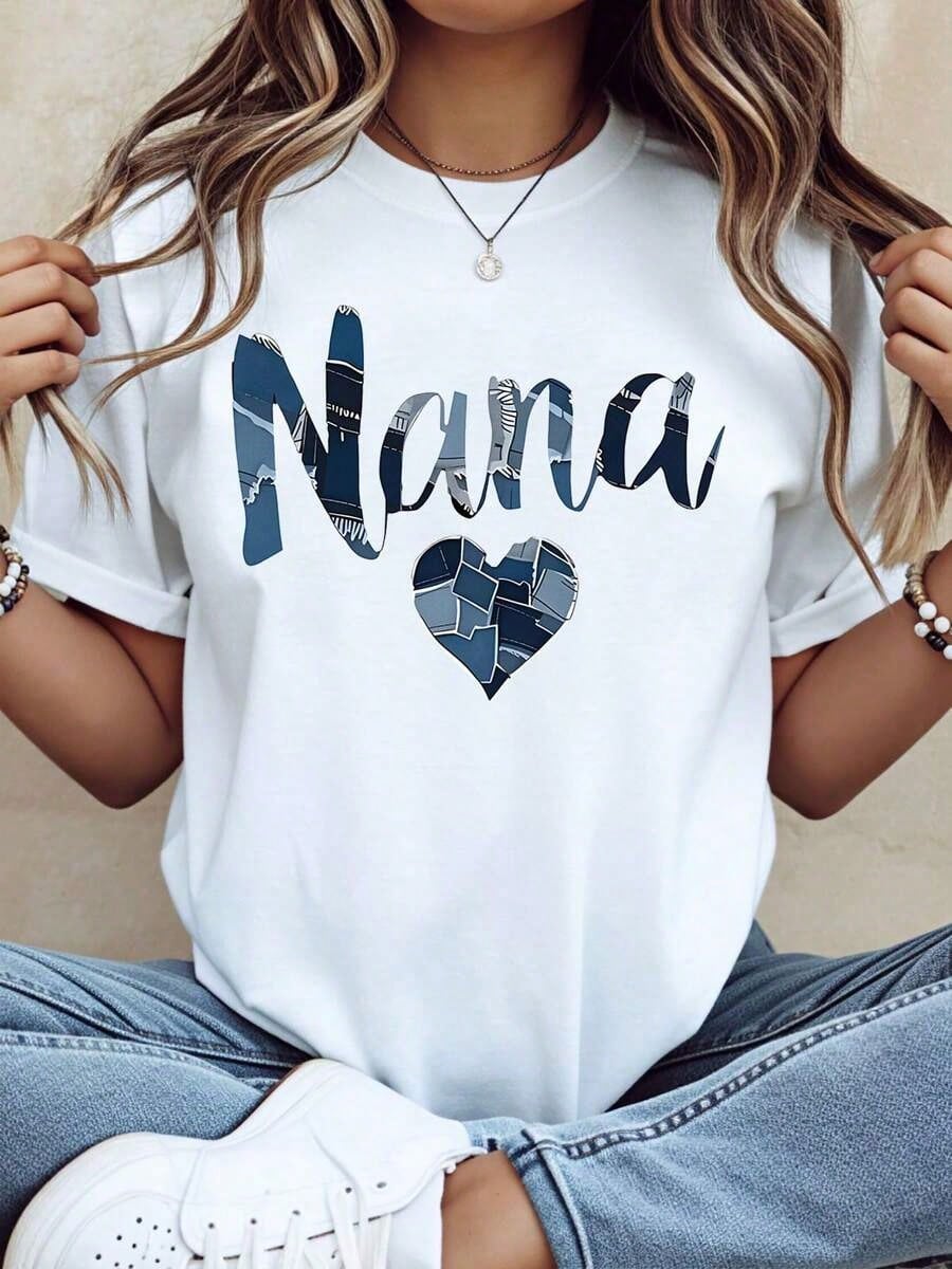 2026 Summer New Theme Nana Patchwork Heart Design T Shirt For Grandmother Gift Mother Day Birthday Present Women Casual, Casual Loose Short Sleeves