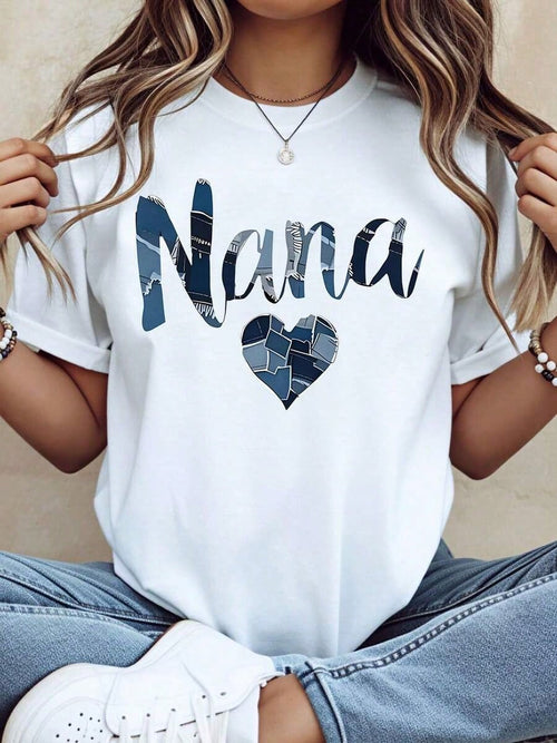 2026 Summer New Theme Nana Patchwork Heart Design T Shirt For Grandmother Gift Mother Day Birthday Present Women Casual, Casual Loose Short Sleeves