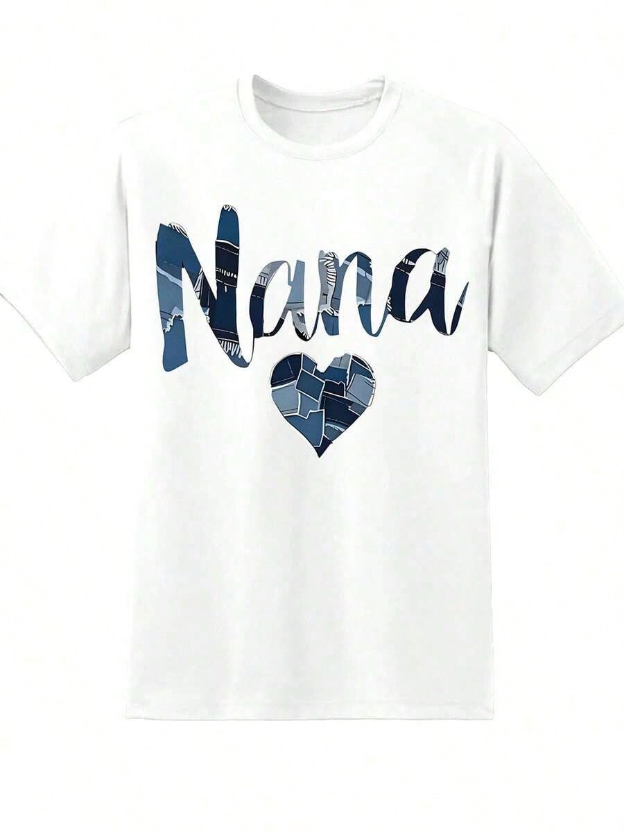 2026 Summer New Theme Nana Patchwork Heart Design T Shirt For Grandmother Gift Mother Day Birthday Present Women Casual, Casual Loose Short Sleeves